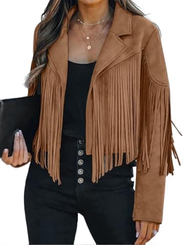 Image of Bibowa Faux Leather Jackets For Women Trendy Cowgirl Outfits Fall Western Fringe Cropped Jacket 2025 Tassel Motorcycle Crop Coats Winter Tan Xl