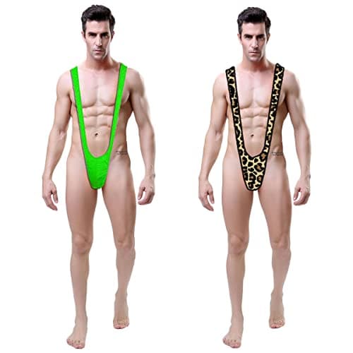 Image of Men's Thong String Borat Swimwear Mankini Underwear for Men Sexy UK Hot Funny V-Strap Swimsuit Secret Gift for Birthday Valentine Christmas 2 Piece Green + Leopard
