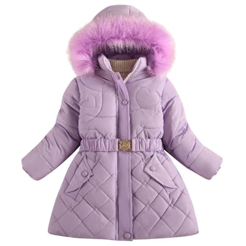 Image of semen Kids Girls Winter Warm Fleece Lined Faux Fur Hooded Jackets Full Zip Up Outerwear School Dress Coats with Belt for Age 5-12 Years