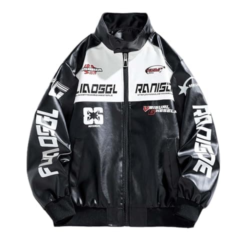 Image of Caxndycing Men's Varsity Jacket Vintage Letter Racer Jacket 90S Vintage Racing Zip Long Sleeve Sweat Jacket Motorcycle Bomber Jacket Stand-Up Collar College Jacket Fashion Baseball Jacket, Z1 Black, L