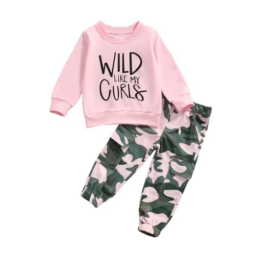 Image of WWAYBEI Toddler Girls Clothes 1-6 Years Spring Fall Outfits Baby Letter Long Sleeve Pullover Sweatshirt Camouflage Pants Set (D# Pink, 3-4 Years)
