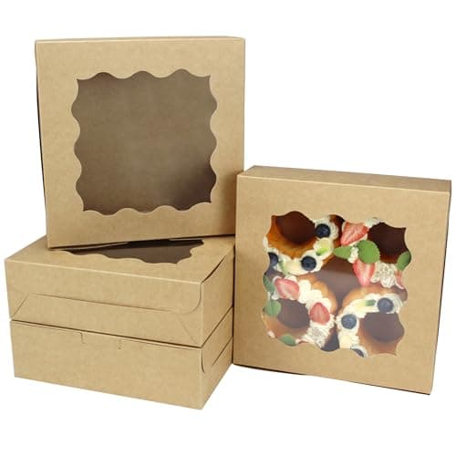 Image of YankMooM 15PCS Kraft Cake Boxes with Window, 8x8x2.5inch Brown Bakery Boxes with Display Cardboard Cookie Boxes for Cakes Strawberries Donuts Muffins Macaroon