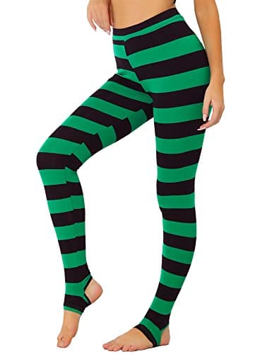 Image of Allegra K Women's Leggings Printed High Waist Elastic Waistband Yoga Stirrup Pants Black Green-Stripe M