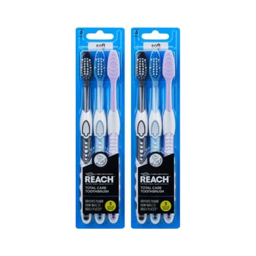 Image of REACH Total Care Soft Toothbrush –2 x 3 Pack(6 Brushes)| Compact Head with V-Trim Bristles, Tongue Cleaner & Non-Slip Grip | Removes Plaque, Gentle on Sensitive Teeth, Cruelty-Free, Daily Dental Care