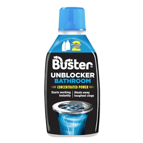 Image of Buster Bathroom Drain Unblocker, Double Dose Bottle, Fast-Acting Sink Unblocker Dissolves Hair, Sludge & Soap, Drain Cleaner Clears Blockages in Shower, Bath & Bathroom Sink Pipes, 600ml - Made in UK