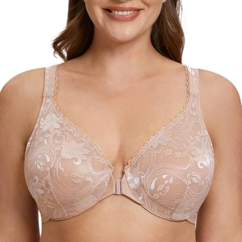 Image of MELENECA Women's Plus Size Front Closure No Padding Full Coverage Lace Underwire Bra Beige 34G