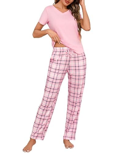 Image of Bresdk Womens Pyjamas V-Neck Cotton Short Sleeve Top and Checked Bottoms Soft Pjs for Women Sets Ladies Sleepwear for Night and Home Use Pink