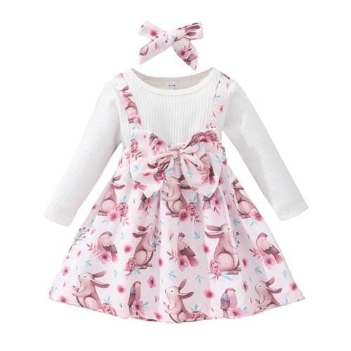 Image of Verve Jelly Toddler Kid Baby Girl Easter Outfit Bunny Dress Long Sleeve Tulle Cute Rabbit Dress Princess Party Outfit with Headband Pink Long Sleeve 12-18 Months