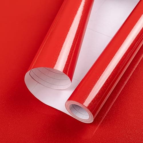 Image of Hode Red High Gloss Vinyl Wrap for Furniture, Waterproof Sticky Back Plastic Roll Peel and Stick Self Adhesive Wallpaper, Contact Paper for Kitchen Worktops Vinyl Covering Glittery 30cmx3m