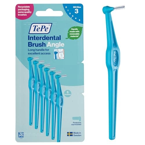 Image of TePe Interdental Brush Angle, Blue, 0.6mm/ISO 3, 6pcs, Plaque Remover, Easy and efficient Cleaning Between Teeth, Tooth Floss for Small Gaps, Carton Pack