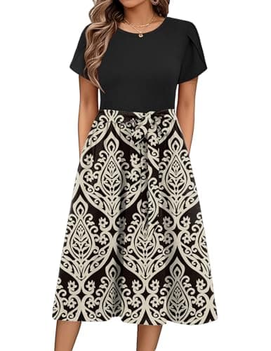 Image of Zeagoo Women's Summer Dress Crewneck A Line Short Sleeve Print Midi Dresses Ladies Casual Floral Dress with Belt Black C XXL