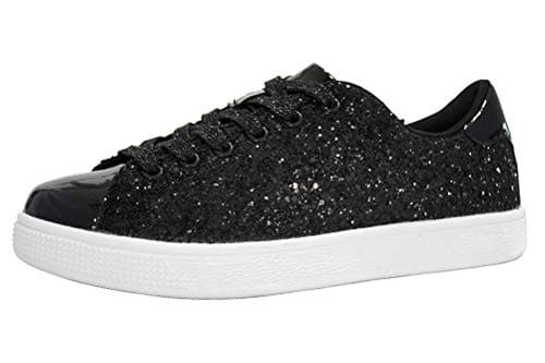 Image of LUCKY STEP Womens Glitter Sneakers Lace up Fashion Sneakers Sparkly Casual Shoes for Women (Black, 8US-38EU-5UK)