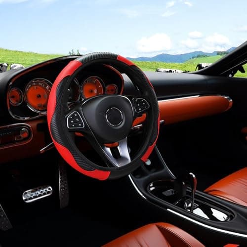 Image of Sporty Red Carbon Fibre Steering Wheel Cover, Universal Stretchable Fit (37-38cm/14.5-15inch) | Genuine Leather Feel, Non-Slip & Breathable | Luxury Car Steering Wheel Protector Cover
