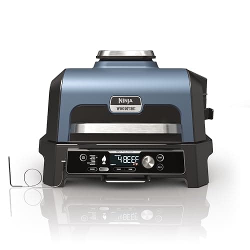 Image of Ninja Woodfire Pro Connect XL Electric BBQ Grill and Smoker with App Control, Digital Probe, Large 7-in-1 Outdoor Grill and Air Fryer with Woodfire Pellets, Weather Resistant, Blue and Black OG901UK