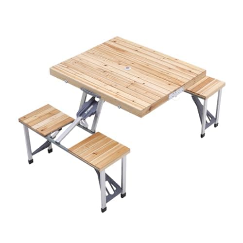 Image of The Fellie Foldable Camping Picnic Table and Chairs Set Portable Outdoor Table with Parasol Hole and Chairs Stool for Camping, BBQ, Garden, Outdoor,81x138x67cm,Wood