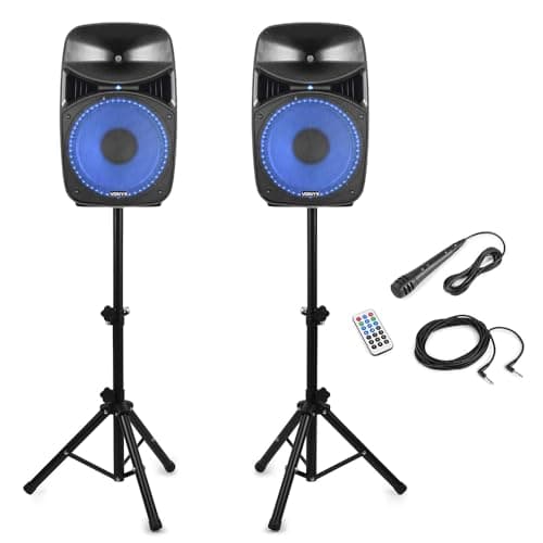 Image of Vonyx VPS102A Bluetooth Active Party Speakers Set, 10-Inch 600W Home Audio Speakers with LED Light Show, Speaker Stands, Wired Mic & Remote – Active/Passive Pair Ideal for Parties, Karaoke & DJs