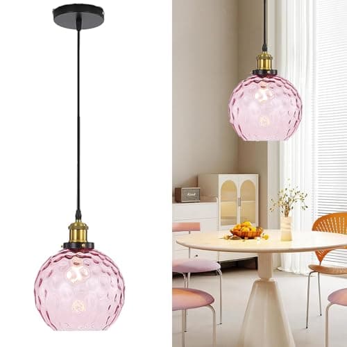 Image of HJXDtech Vintage Industrial Pendant Light - 20cm Artistic Glass Globe Shade, Loft-Style Ceiling Hanging Lamp with Antique Bronze Finish, E27 Base, Perfect for Cafe, Restaurant, Home Decor (Pink)