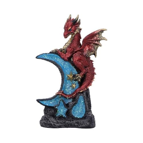 Image of Nemesis Now Lunar Perch Dragon Figurine – Red & Gold Dragon on Crescent Moon, Hand-Painted Fantasy Resin Statue 18 cm Tall