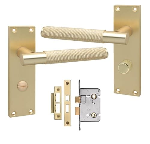 Image of Golden Grace Victorian T-Bar Knurled Bathroom Lock Door Handles with Bathroom Mortise Lock Satin Brushed Brass Finish
