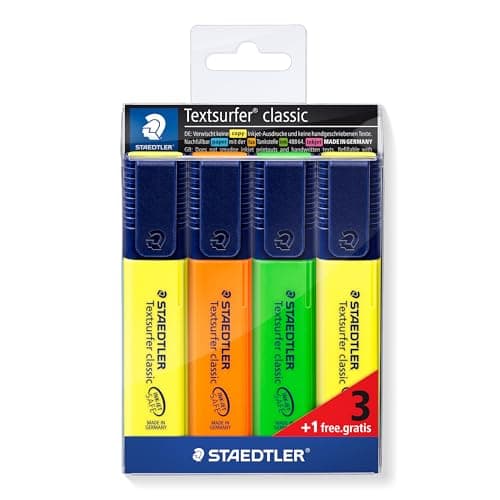 Image of STAEDTLER 364-S WP4P Textsurfer Classic Highlighter Bonus Pack - Assorted Colours (Pack of 3 + 1 FREE)