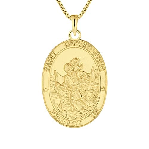 Image of FJ 18ct Gold Plated St Christopher Necklace 925 Sterling Silver for Men Women Saint Christopher Pendant Necklace with 20 Inch Chain (Oval)