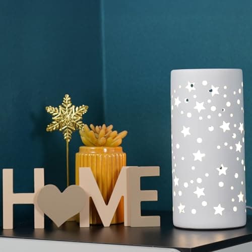 Image of LED Bedside Table Lamp Ceramic Cylinder Lamp with Star Cut-Out Design Lamp Mains Operated Glowing Star Night Light Lamps LED Lamps with Glowing Star Pattern Mood Light