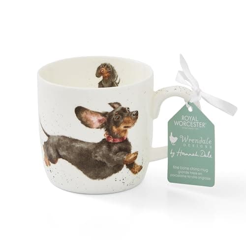 Image of Royal Worcester x Wrendale Designs 'that Friday Feeling' Coffee Mug - Fine Bone China White Mug with Handle, Microwave Safe and Durable, Featuring a Cute Dachshund Design by Artist Hannah Dale, 310ml