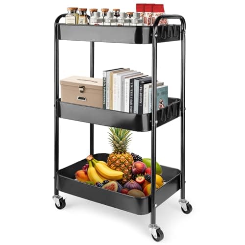 Image of Viuxule Storage Cart, 3 Tier Metal Trolley Cart with Wheels, Black Rolling Utility Cart for Kitchen, Bathroom, Office, Bedroom, Veg Rack and Multi-Purpose Organizer for Snack, Makeup, Book, Diaper