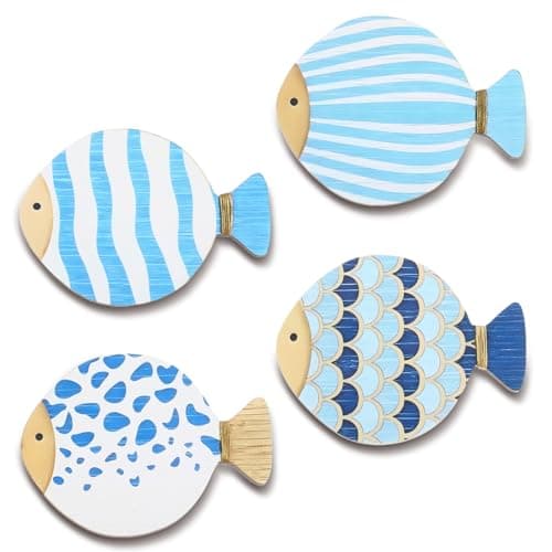 Image of HJZHII 4pcs Wood Fish Wall Decor, Vintage Blue Fish Hanging Sculptures Nautical Coastal Wall Art Decor Ocean Beach Theme Ornaments for Lake House Bathroom Bedroom