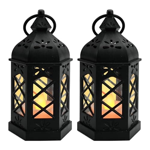 Image of 2 Pieces Vintage Candle Lantern Hanging Lantern with Flickering LED Candle Black Decorative Candle Lanterns for Medieval Halloween Christmas Table Wedding Party Home Decorations (Black)