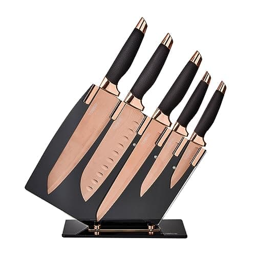 Image of Tower Kitchen Knife Set with Acrylic Knife Block, Damascus Effect, Stainless Steel Blades, Rose Gold and Black, 5 Pieces