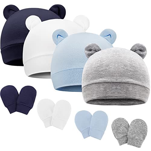 Image of AQOKKA 4 Pcs Newborn Baby Bear Ear Hats and Mittens Set Infant Beanie Caps Newborn Hospital Hat for Baby Boy Girl 0-3 Months