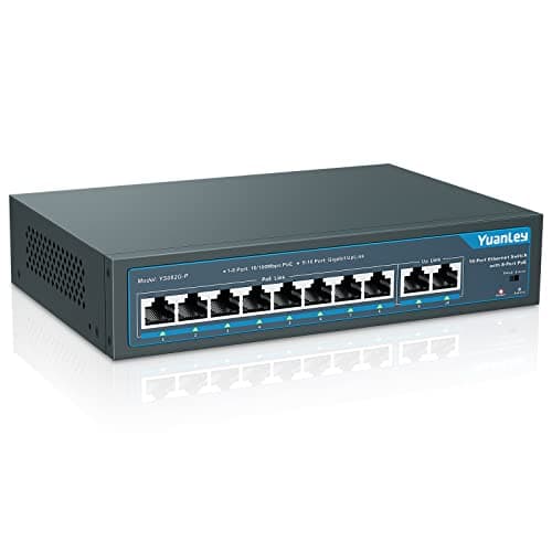 Image of YuanLey 10 Port PoE Switch, 8 PoE+ Port 100Mbps, 2 Uplink Gigabit, 120W 802.3af/at, Extend Function, Metal Fanless Unmanaged