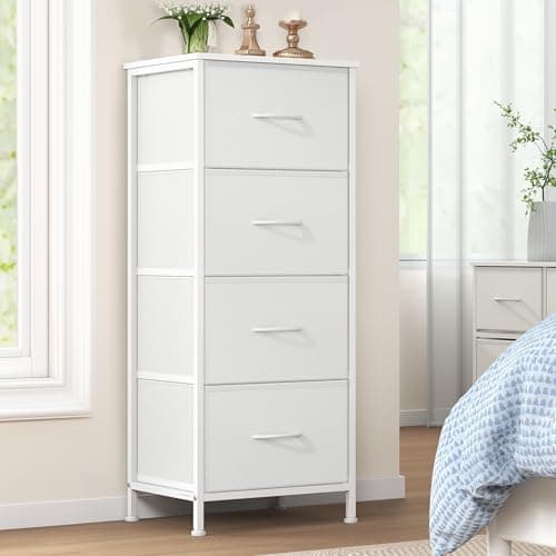 Image of SONGMICS LGS314WH01 Chest of Drawers, 4 Fabric Drawers, Storage Cabinet, Steel, MDF, Non-Woven Fabric, for Bedroom, Hallway, Living Room, Cloud White/Snow White