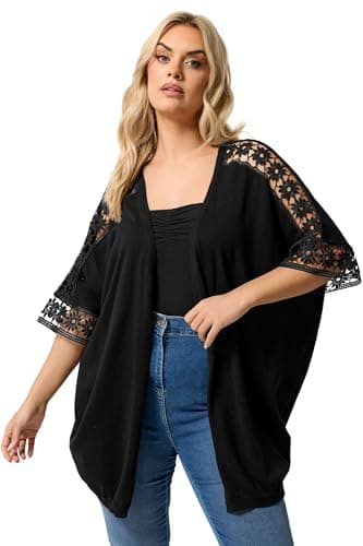 Image of Yours Curve Crochet Sleeve Kimono - Women's - Plus Size Curve Black