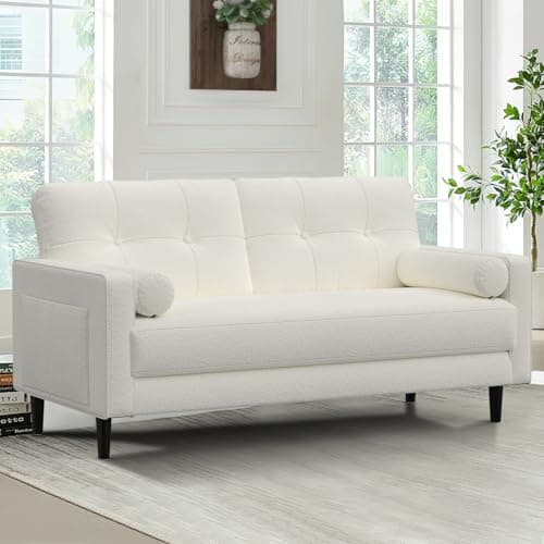 Image of Aotumm Ciort 2 Seater Sofa, Modern Sofa Couch with Thicken Cushions, 2 Pillows and 2 Pocket Storage, Comfy Linen Sofa for Living Room/Bedroom/Office, Easy Assembly Small 2 Seater Sofa (Soft Beige)