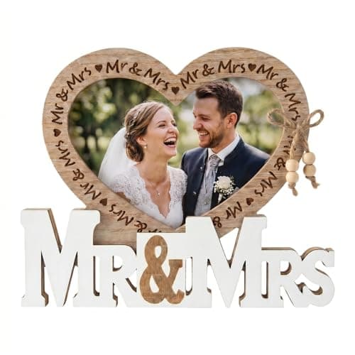 Image of Wedding Gifts for Bride and Groom, Wedding Photo Frame Gift, Mr and Mrs Wood Heart Picture Frames Gifts for Couples Engagement Anniversary Reception Party