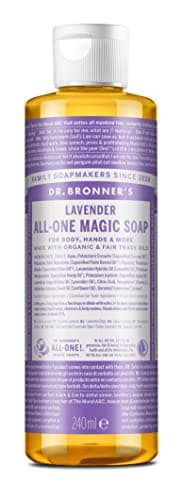 Image of Dr Bronner's 18-in-1 Lavender Pure-Castile Liquid Soap, Made with Organic Oils, Used for Face, Body, Hair, Dishes, Mopping and Pets, Certified Fair Trade & Vegan Friendly, 237ml Recycled Bottle