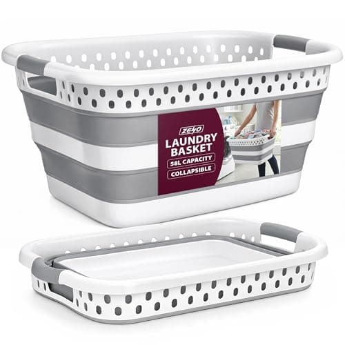 Image of ZENO Collapsible Laundry Basket 58L | Foldable Washing Basket | Large Plastic Laundry Hamper for Clothes, Towels, Bedding & Laundry Storage | Pop Up Space Saving Basket | Portable Laundry Bin | White