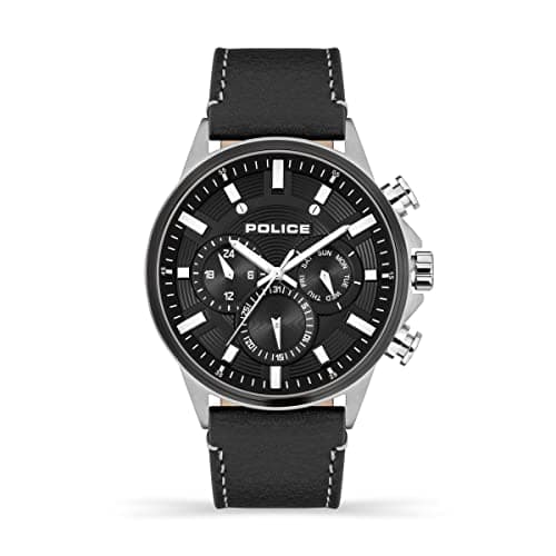 Image of Police Kismet Mens Chronograph Watch with Black Dial and Black Leather Strap, 47mm Stainless Steel Case in Branded Watch Box PEWJF2195141-2 Year Warranty