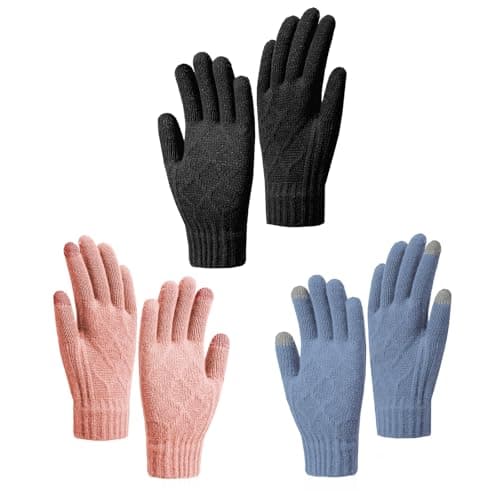 Image of KEYRI 3 Pairs Women Winter Knitted Gloves, Touch Screen Gloves Thermal Knitted Gloves for Women Thicken Windproof Keep Warm Touchscreen Gloves for Men Working Outdoor Activities (Black, Pink, Blue)