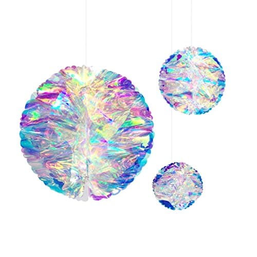 Image of 3 Pieces Iridescent Ball Hanging Ornament 5.9inch + 7.8inch + 9.8inch Honeycomb Foil Ceiling Rainbow Shine Decorations for Wedding Christmas Bridal Shower Birthday Frozen Theme Magical Party