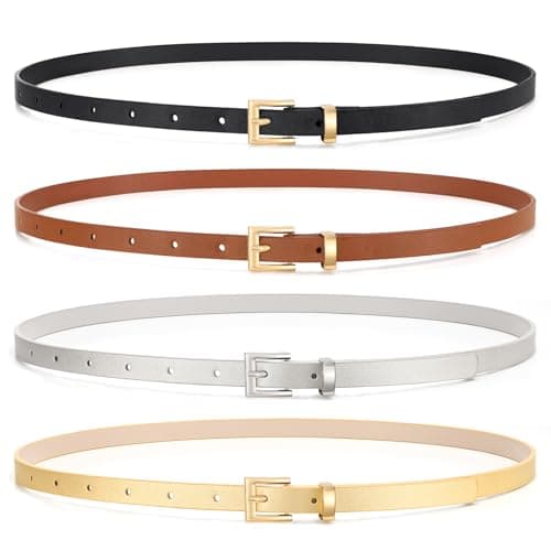 Image of JASGOOD 4 Pack Women Skinny Leather Belt Thin Waist Belt with Metal Buckle for Pants Jeans Dresses,Black+Brown+Gold+Silver