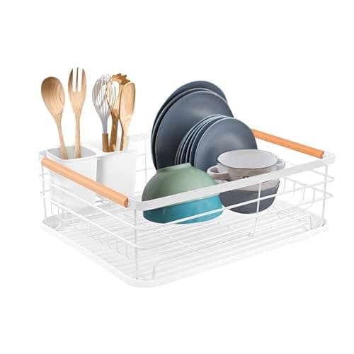 Image of M.J COMFY-LIFE Dish Drainer Rack with Removable Drip Tray - Large Space Saving Kitchen Drying Rack for Plates, Bowls & Cutlery - Rust-Proof Metal Frame with Wooden Handles (WHITE)