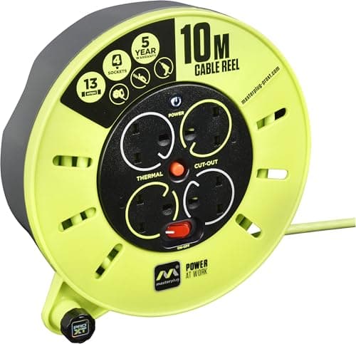Image of Masterplug Four Socket, 10 Metre Premium Cassette Reel, Medium Cable Extension Reel, Thermal Cut-Out & Power Indicator, Heavy Duty, Pro-XT, Grey/Green, 13A, 4G, 10m, CMU10134SL
