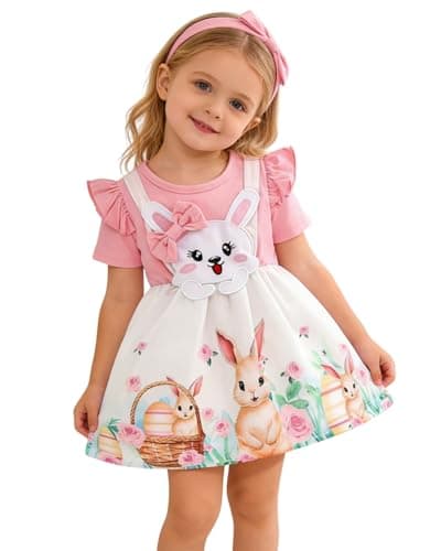 Image of Xumplo Baby Girls Easter Dresses My First Easters Outfits Infant Bunny Egg Print Short Sleeve Dress with Headband 12-18 Months Pink