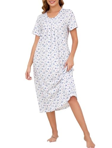 Image of Vlazom Women's Long Nightgown Pleated Casual Nightdress Short Sleeve Soft Nighties Nightwear with Pockets,Blue Flower,M