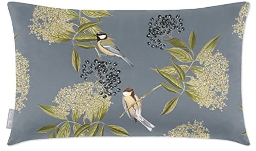 Image of Izabela Peters Cushions With Covers Included, Filled Cushion, Eco-Friendly Velvet Cushions, 55 x 35 cm, Bird on Elderflower - French Grey, Chair Cushions, Sofa Cushions, Seat Cushions