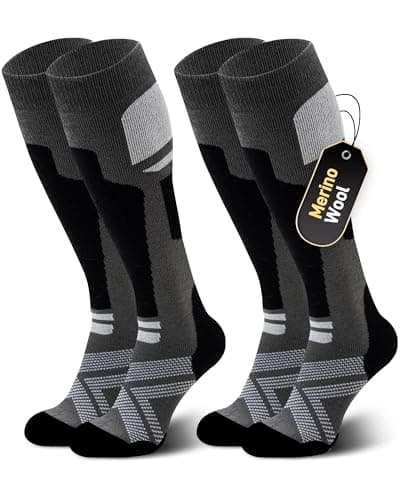 Image of Niorasen Merino Wool Ski Socks Men Unisex, 2 Pairs Thermal Knee-High Socks for Winter, Full Cushion Thick Socks, Skiing, Snowboarding, Outdoor Sports, Hunting, Hiking, Black 2 Pairs, UK 9-15