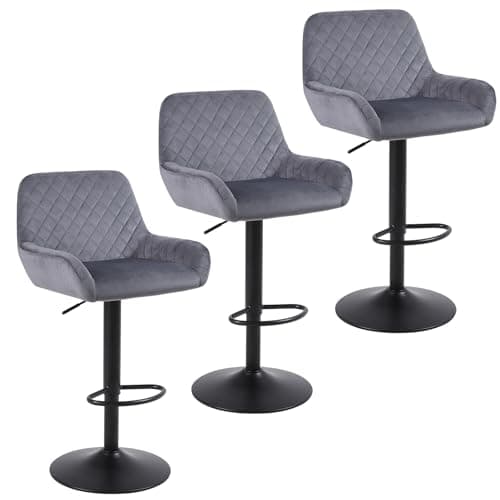 Image of ralex-chair Bar Stools Set of 3, Height Adjustable Velvet Fabric Swivel Barstool Bar Chairs, Breakfast Dining Stools With Backrest and Armrest for Bar, Counter and Kitchen, Grey